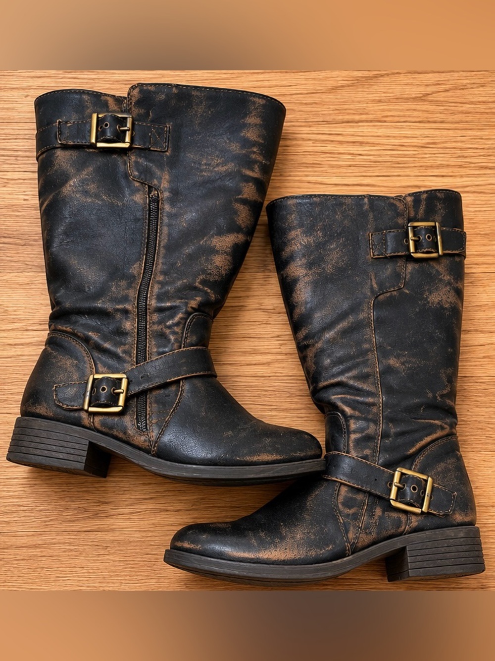 Women's Distressed Black Mid-Calf Buckle Boots Size 10